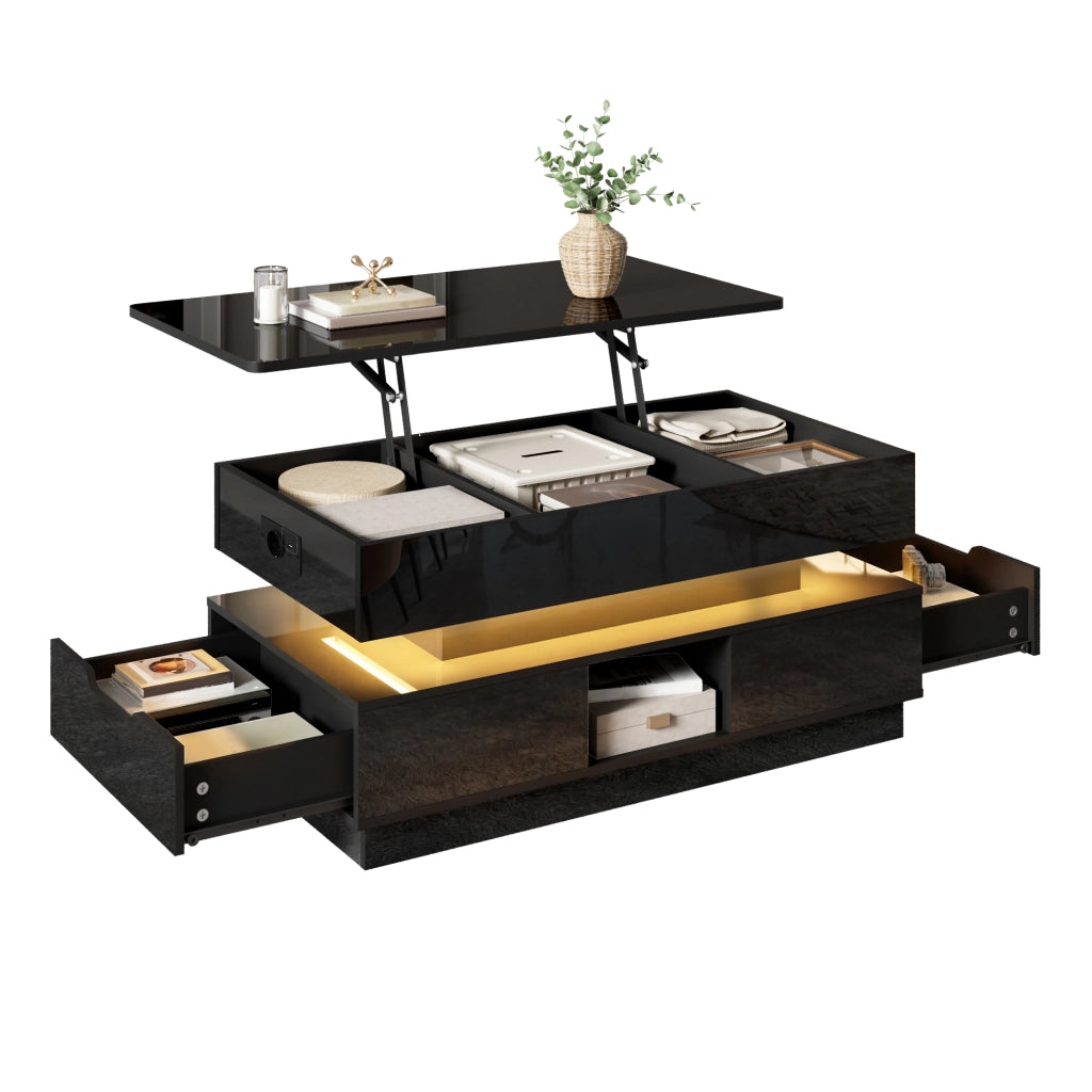 Tavolino basso sollevabile con cassetti vani aperti presa integrata e LED finitura lucida in MDF nero 90 × 48 × 42,5 cm