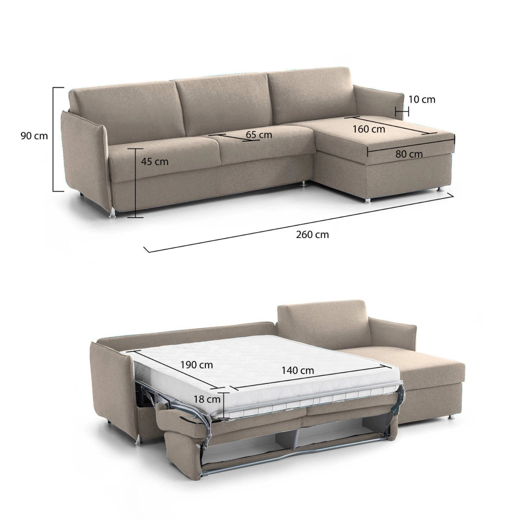 Sumirago, Divano Letto con Penisola Sfoderabile Made in Italy, 260x160 cm Grigio Tortora