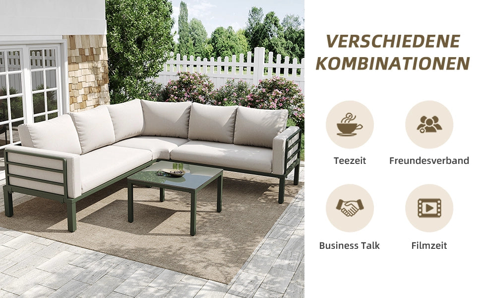 Set mobili giardino 4-5 persone: 1 tavolino caff cat vetro; ferro zincato verde; cuscini seduta beige; piedini regolabili