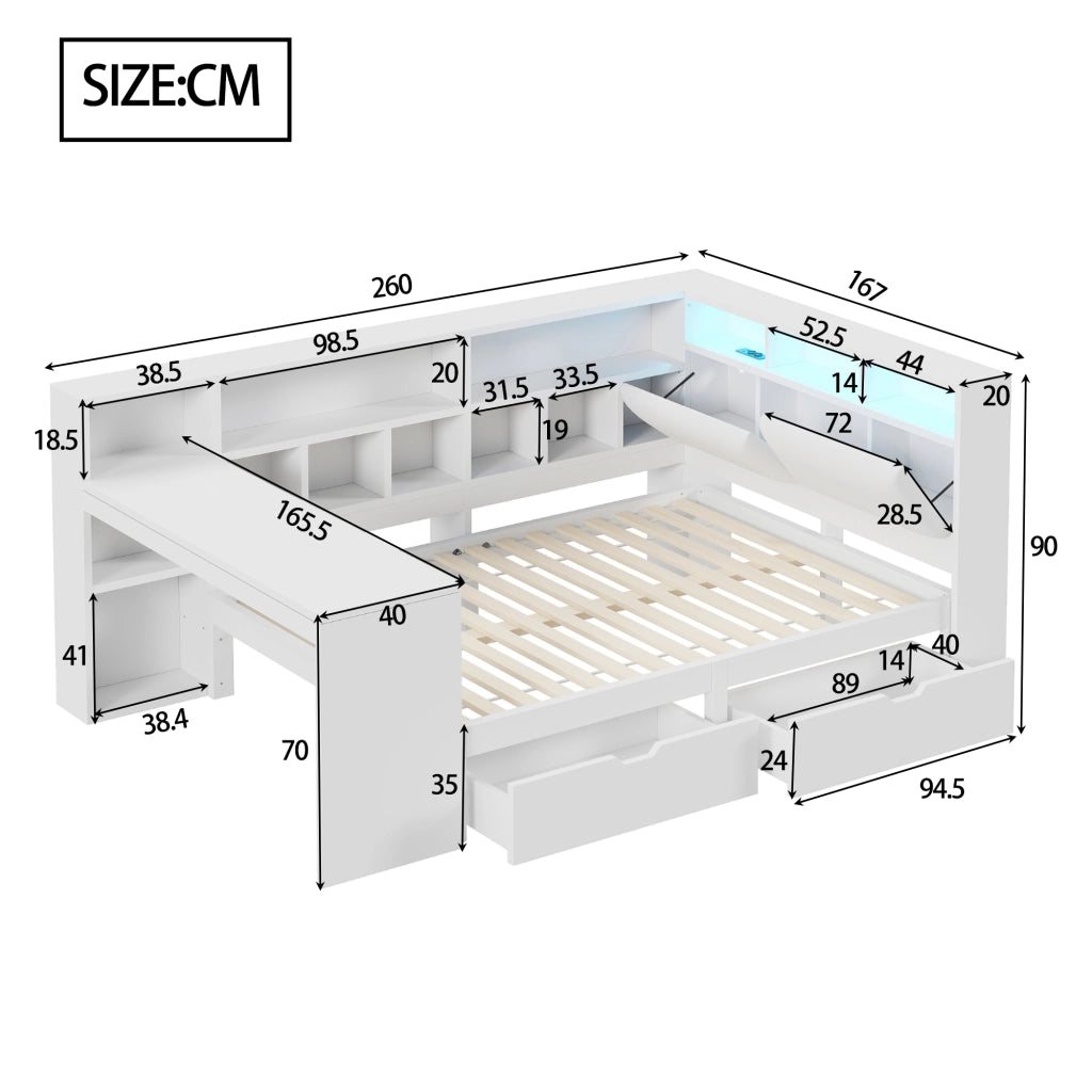 Letto Combinato 140x200 cm con Scrivania; Libreria; LED; USB; in MDF e Bianco