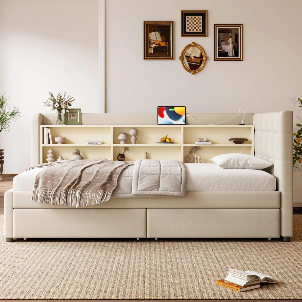 Letto daybed 90x200 cm in lino beige con 2 cassetti e porte USB