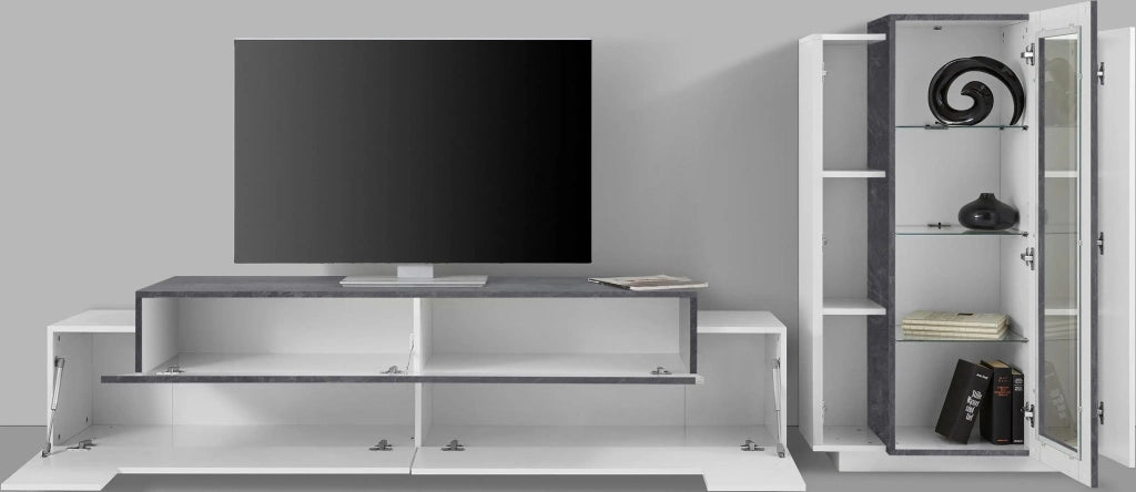 Parete attrezzata soggiorno moderna bianco ardesia mobile porta TV vetrina Corona