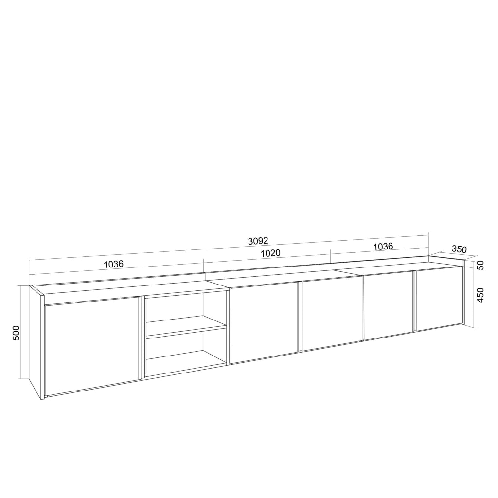 Mobile TV Soggiorno, 309x50x35 cm, Per TV fino a 80", Mobile Soggiorno, Nero e rovere