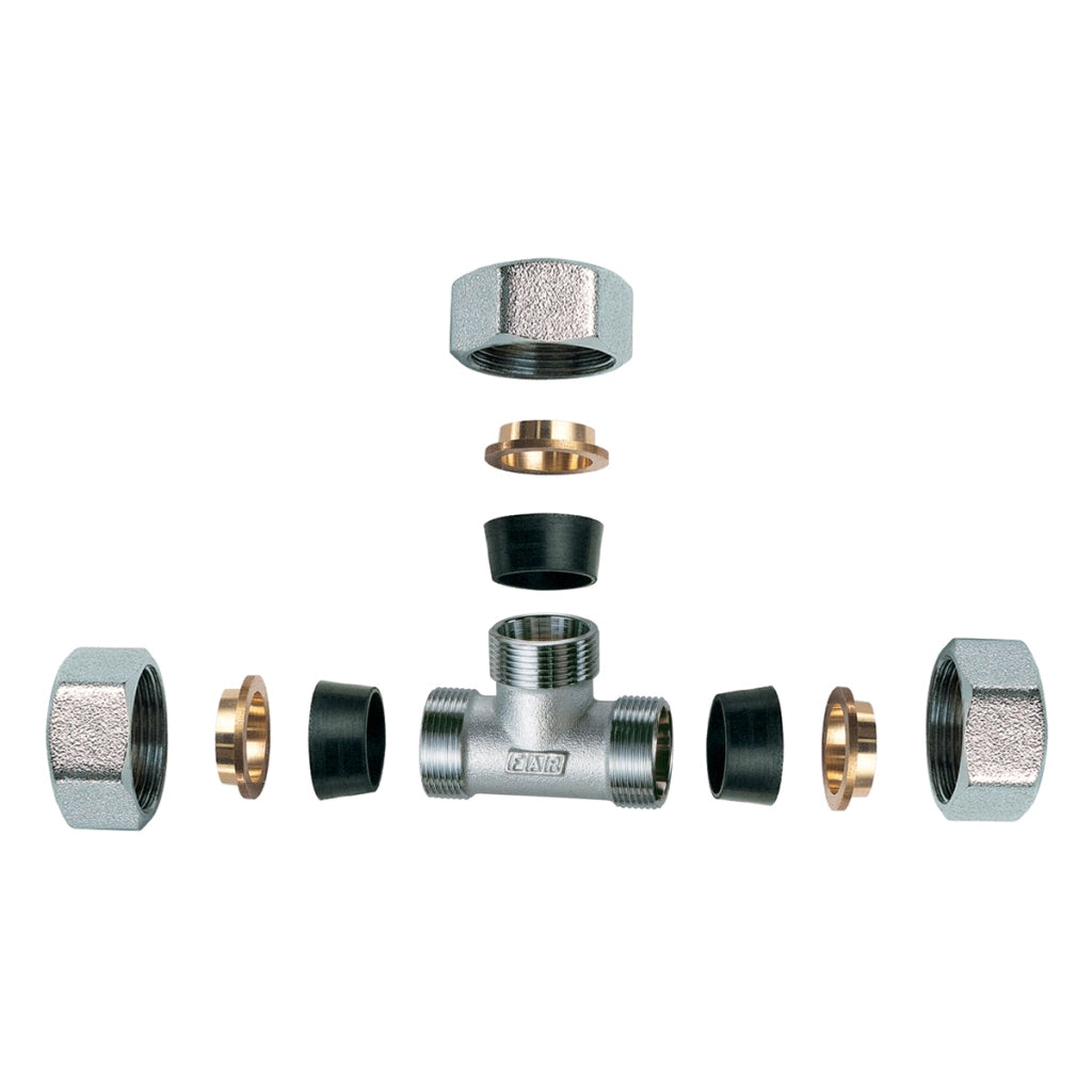 RACCORDO CROMATO A T CON 3 MONOCONI IN GOMMA PER RAME- 1/2 x 18- FAR- pezzi 1