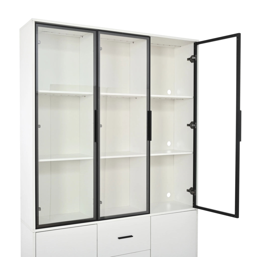Vetrina alta 120x30x200 cm in truciolare bianco con LED RGB; 3 cassetti e 5 ante