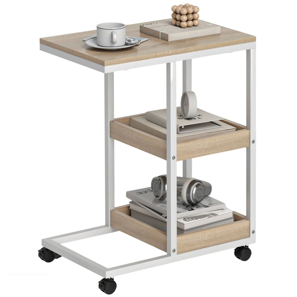 Tavolino da salotto con ruote ¨C zephmum ¨C bianco e naturale, acciaio, 51x33x66cm
