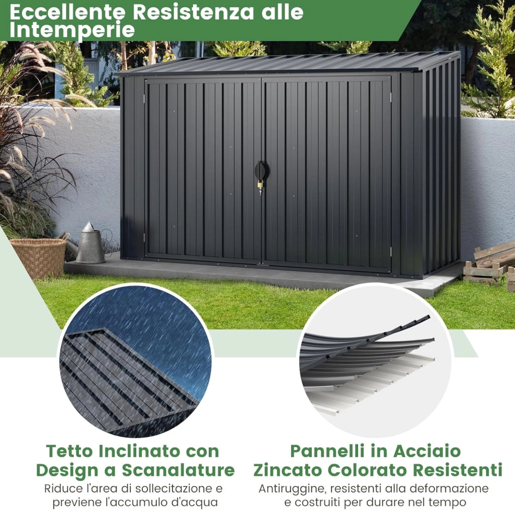 Casetta per Spazzatura Esterna 1,5 m², Capanno Attrezzi Giardino in Metallo Zincato Resistente alle Intemperie con Porta Bloccabile e Tetto Apribile, Struttura a Scatto Pratica