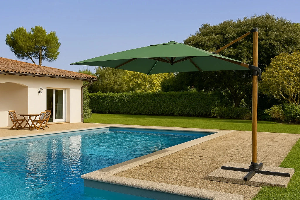 Ombrellone rettangolare a braccio girevole Alon, decentrato (400x300 cm), alluminio e poliestere, apertura antivento con manovella, base inclusa, colore verde
