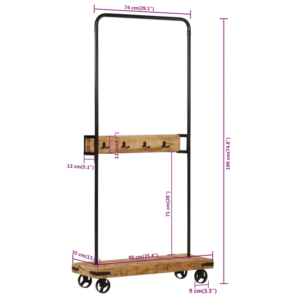 Appendiabiti con Ruote 90x35x190cm Legno Massello Mango e Ferro CFW7923966