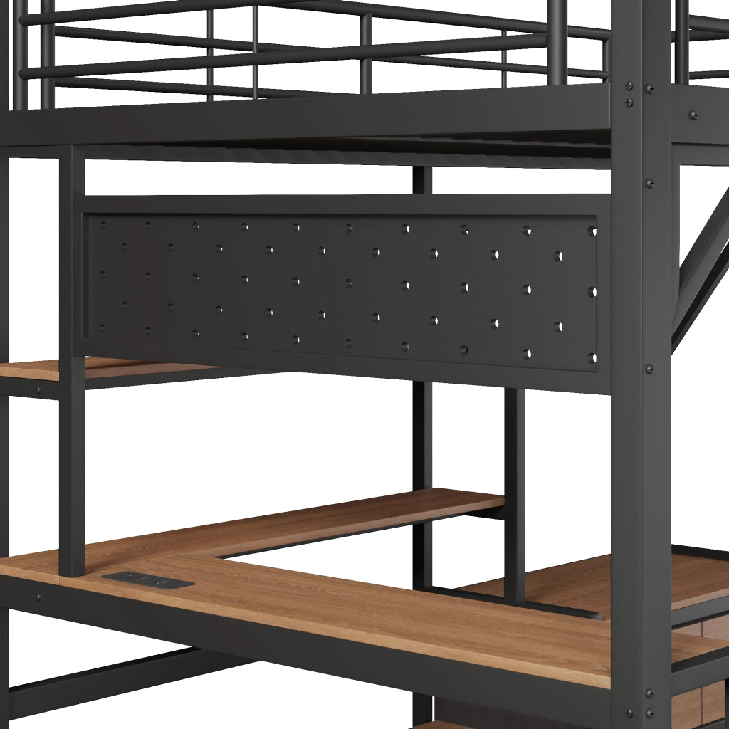 Letto a soppalco 140x200 cm con scrivania; LED e USB in MDF e metallo nero