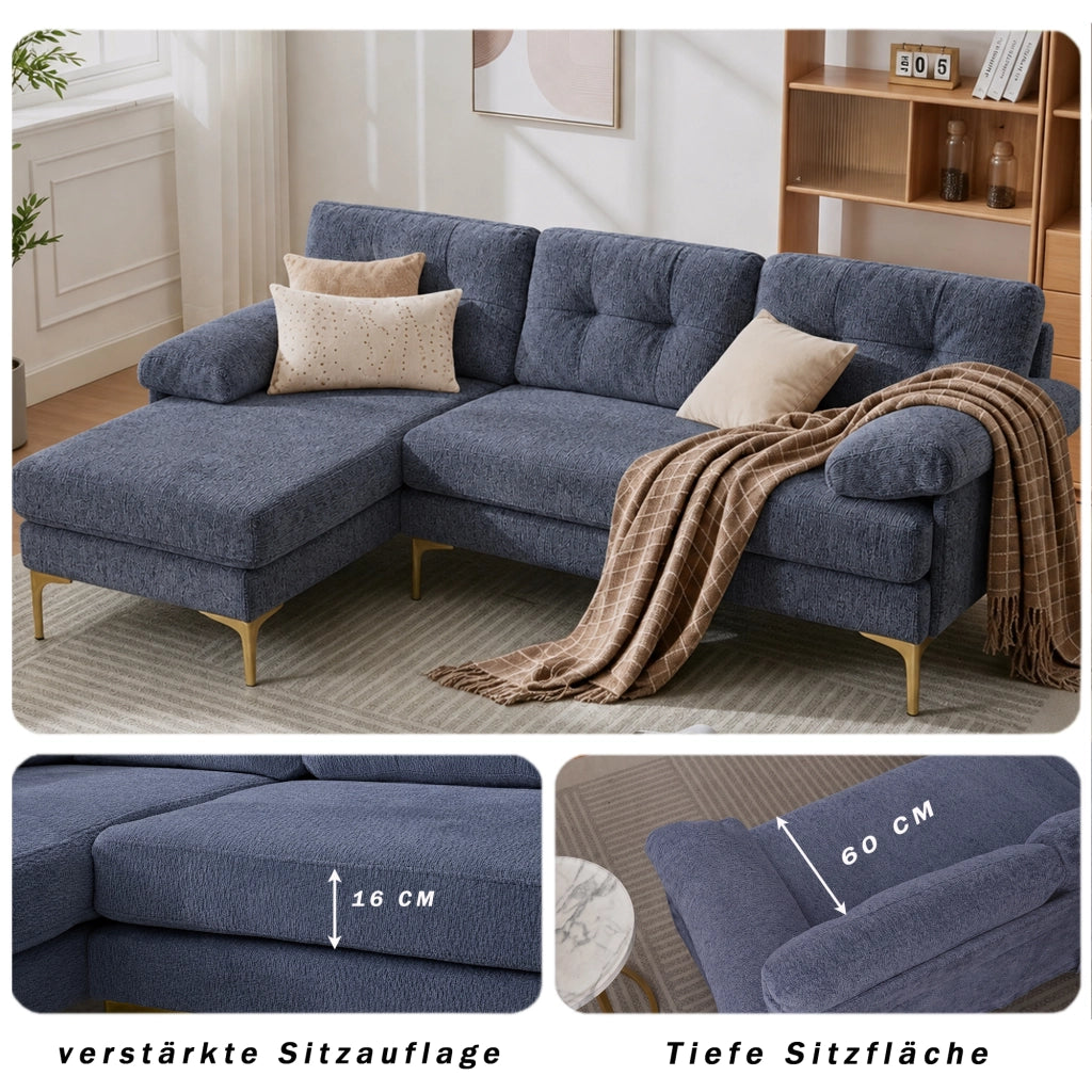 Divano angolare 3 posti convertibile con chaise longue reversibile e braccioli imbottiti in tessuto ciniglia blu 187.5 × 130 × 79 cm