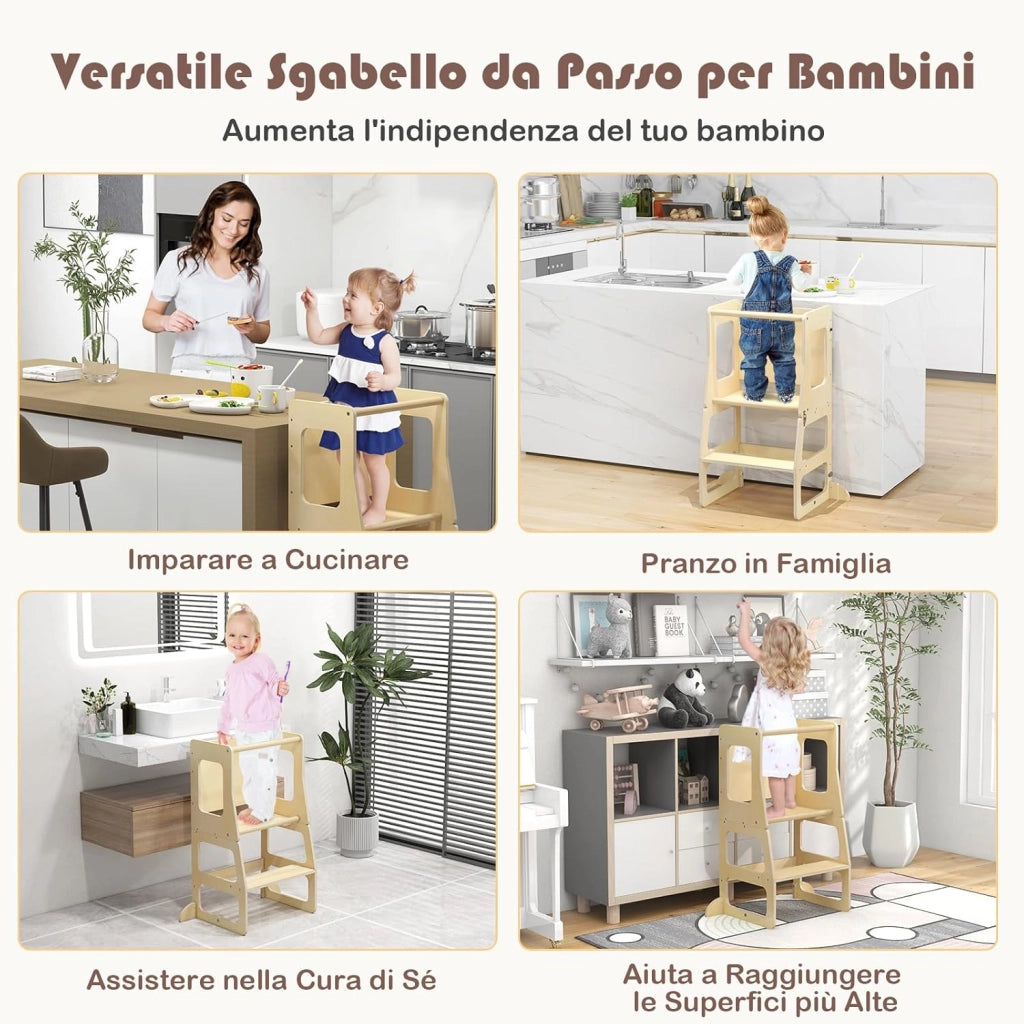 Torre per Bambini 3 in 1, Sgabello Montessori per Bambini con Lavagna, per Bambini 3 Anni +, Capacità di Carico 60 kg, 68 x 40 x 91 cm
