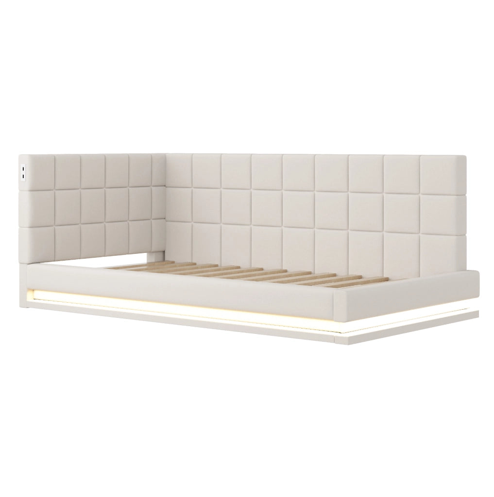 Divano letto 90x200 cm con LED; presa USB e rete a doghe in lino beige
