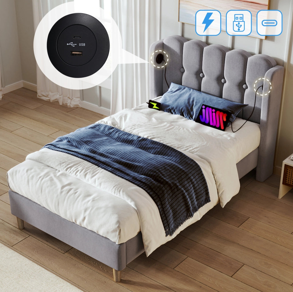 Letto imbottito 90x200 cm con ricarica USB e Type C; lino; grigio (Senza materasso)