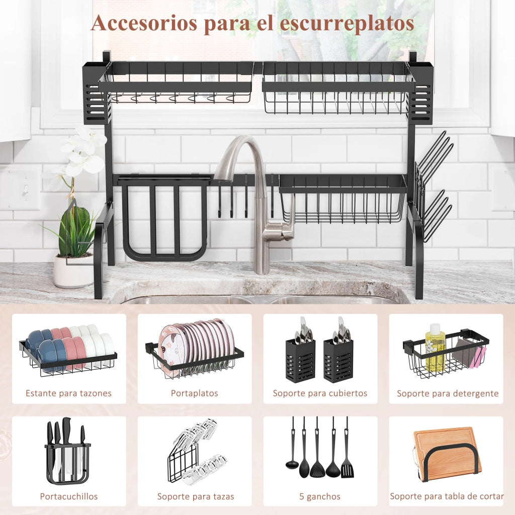 Scarico per Lavello 2 Livelli in Acciaio con 5 Ganci ¨C zephmum ¨C 65x31,5x52,5cm Nero
