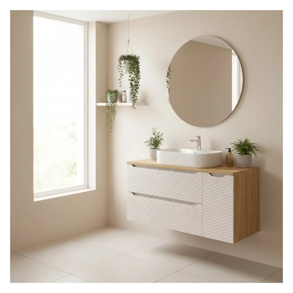 Set da bagno YOKA beige: mobile sottolavabo con cassetti e armadietto 120 cm + piano lavabo