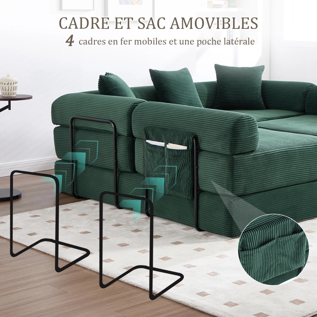 Canapé modulare con tasca laterale e funzione letto in velluto a coste verde smeraldo 270 × 180 × 64 cm