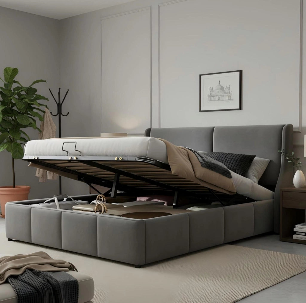 Letto matrimoniale 160x200 cm con contenitore e sollevamento idraulico in velluto grigio
