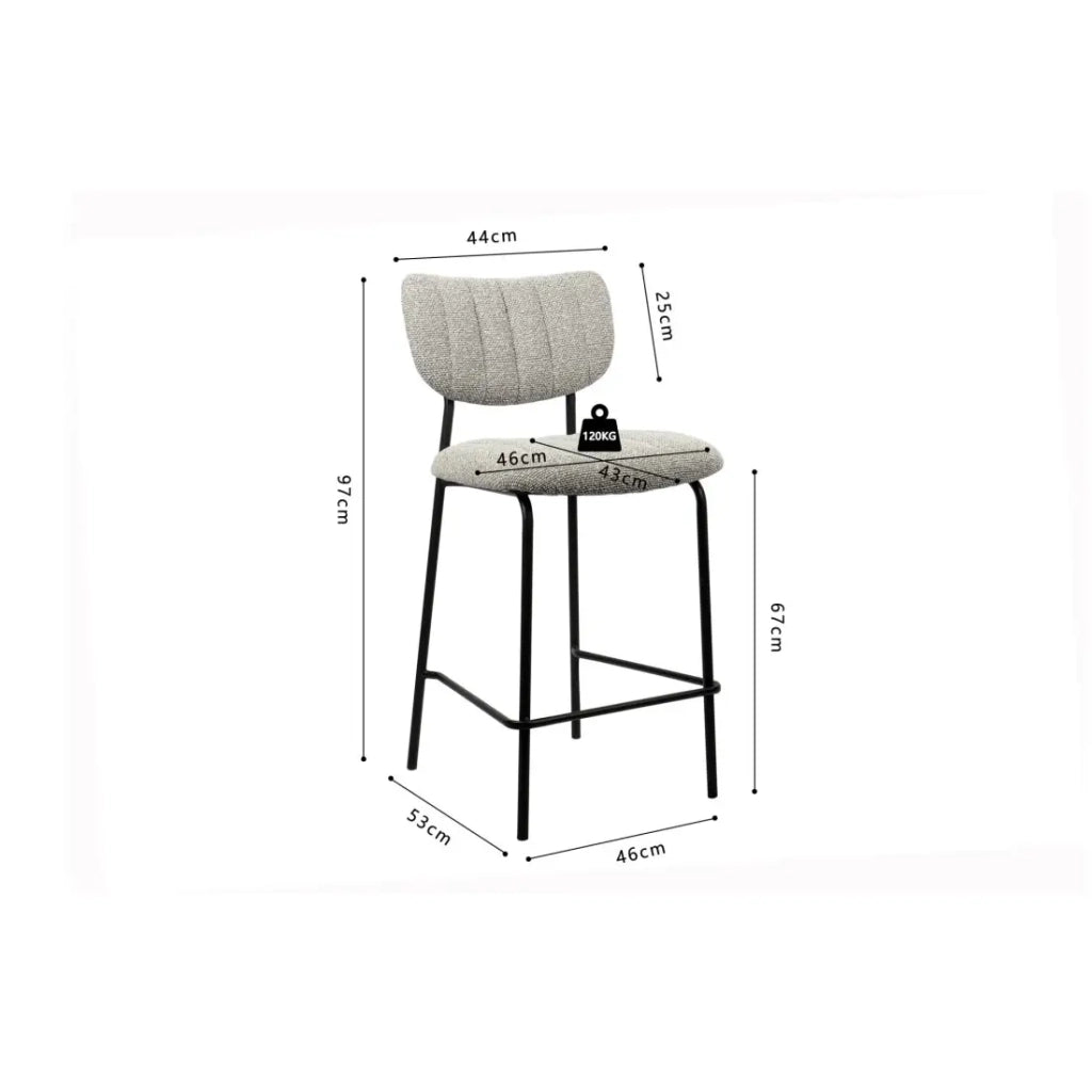 Sedia da banco VENTURA – Tessuto grigio chiaro – Piedi in metallo nero – Altezza 97 cm – Stile design/industriale