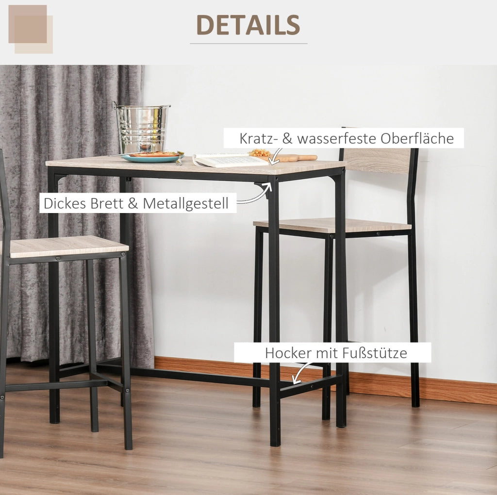 Set bar con tavolo e 2 sedie in MDF naturale e nero, 89x45x87 cm, per cucina e sala da pranzo
