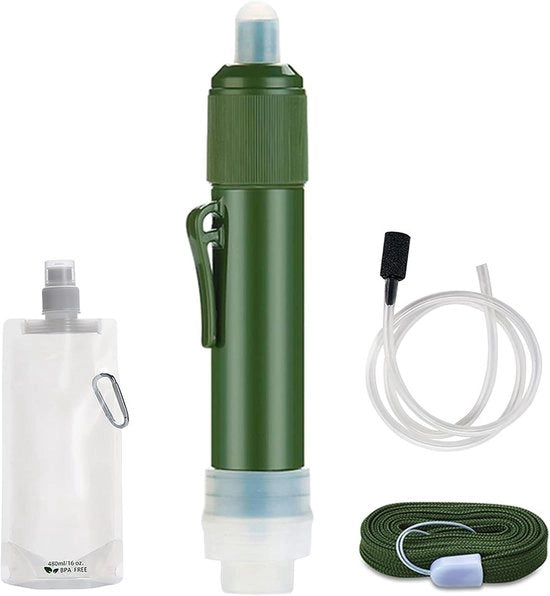 Filtro portatile per acqua, purificatore di emergenza con sacco da bere e set di filtri, sistema di filtrazione a 3 livelli, filtro acqua ideale per campeggiare all'aperto, escursioni, viaggi e trekking
