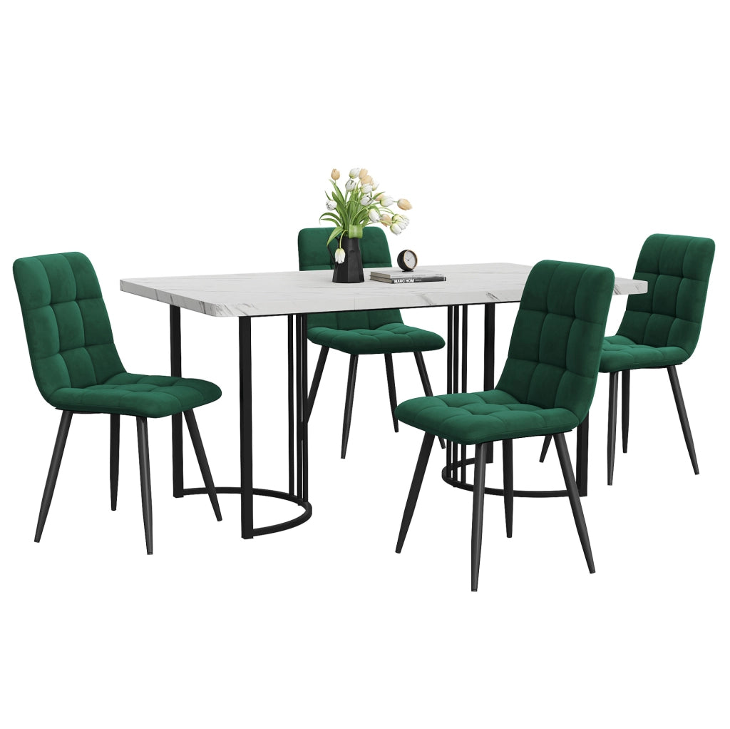 Set da pranzo 140x80 cm con tavolo effetto marmo; sedie in velluto; MDF bianco