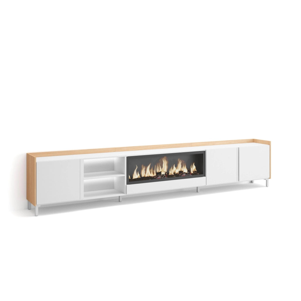 Mobile TV Soggiorno, 315x61x35 cm, Per TV fino a 80", Camino elettrico XXL, Design industriale, LED, Bianco e Rovere soft