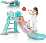 3 in 1 Scivolo per Bambini, Set di Scivolo Pieghevole con Canestro Basket e Pallone, Set da Arrampicata e Scivolo da Interno, 18 Mesi+ (Blu)