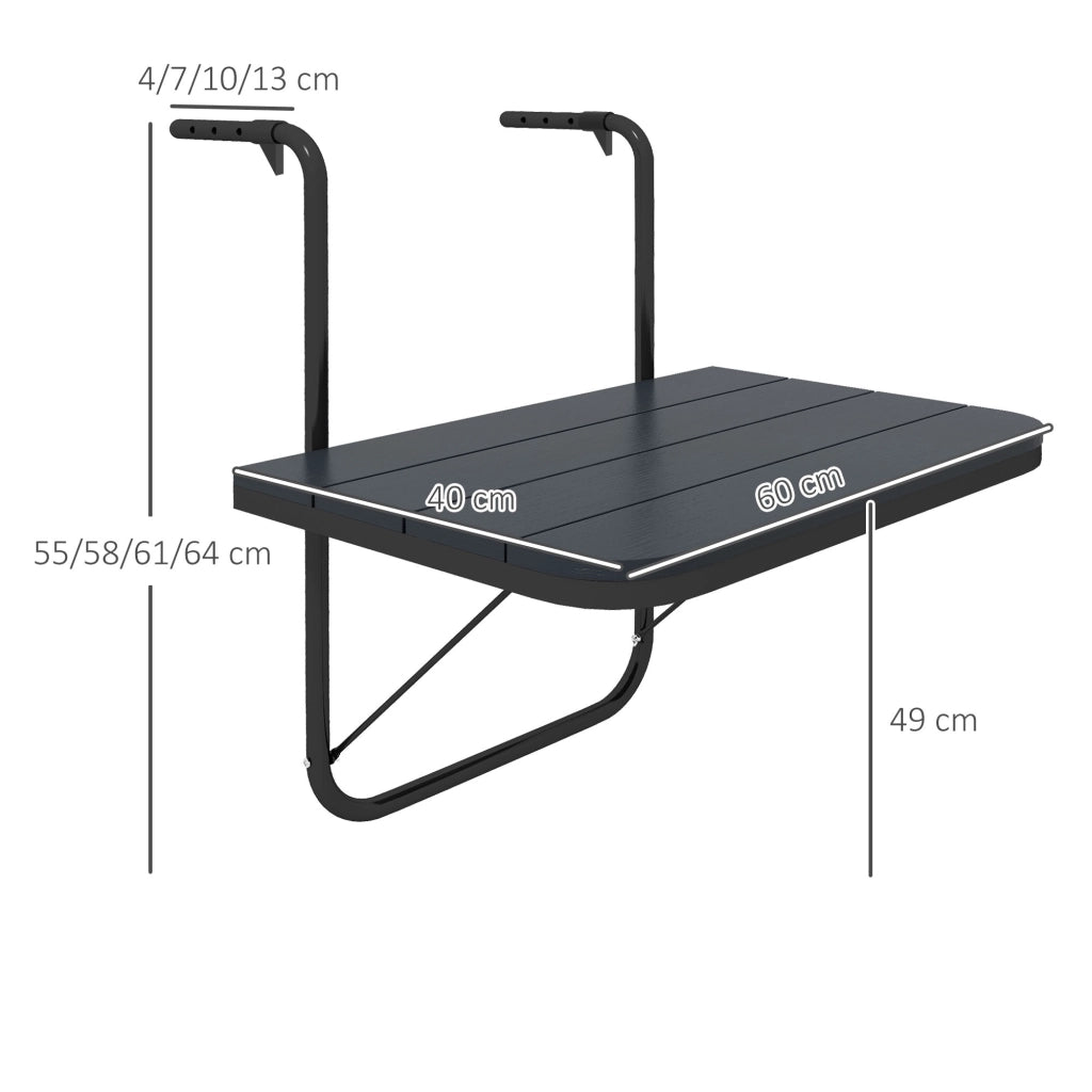 Tavolino da Balcone Pieghevole e Regolabile, in Alluminio e Legno Composito, 60x40x55-64 cm, Nero