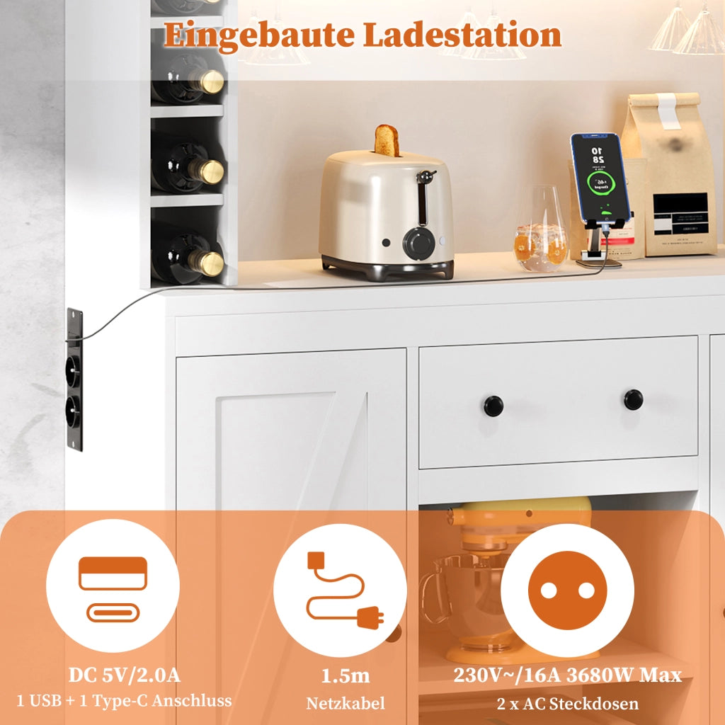 Credenza da cucina con portabicchieri da vino; ripiani regolabili; LED e prese; bianca 105 × 40 × 180 cm