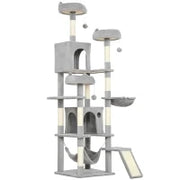 Albero Tiragraffi per Gatti con Scala, 2 Amache, 3 Posatoi, 2 Casette e 3 Piattaforme, 48x48x192 cm, Grigio e Crema