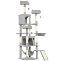 Albero Tiragraffi per Gatti con Scala, 2 Amache, 3 Posatoi, 2 Casette e 3 Piattaforme, 48x48x192 cm, Grigio e Crema