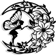 Decorazione per parete premium in metallo nero per camera da bambina con fiori e luna - sculture per parete per bambine - decorazione per camera da bambina con vista sul giardino - 30 x 30 cm