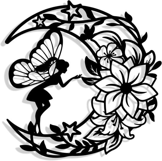 Decorazione per parete premium in metallo nero per camera da bambina con fiori e luna - sculture per parete per bambine - decorazione per camera da bambina con vista sul giardino - 30 x 30 cm