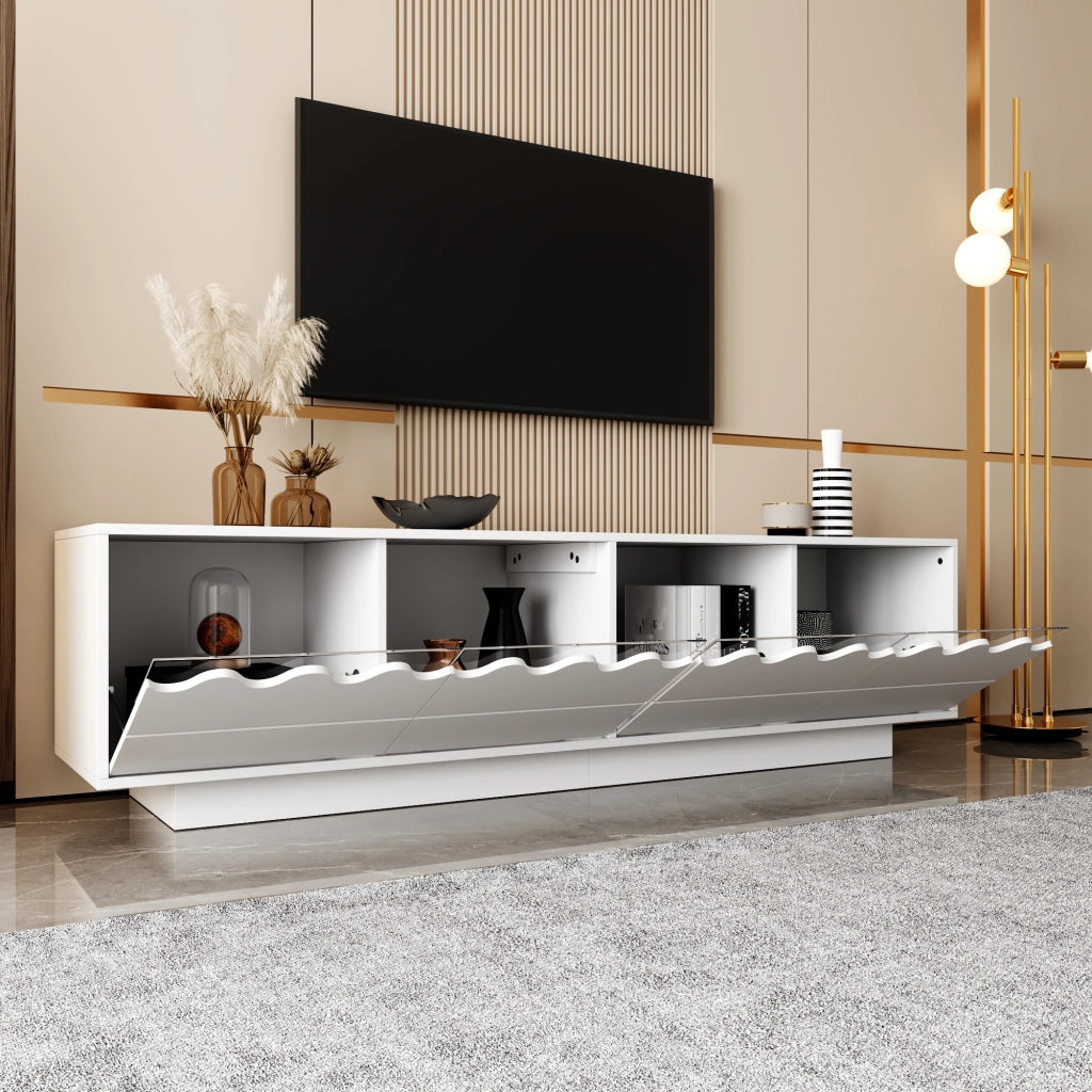 Mobile TV con 4 Ante e Ripiani in Vetro Temperato; Design Ondulato Moderno; 170??40??45 cm; in MDF; Bianco