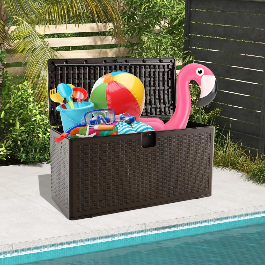 Cassapanca Per Esterni in Metallo e PE Rattan, Contenitore Impermeabile da 378 litri, con chiusura a chiave, 127 x 56 x 64 cm, Marrone