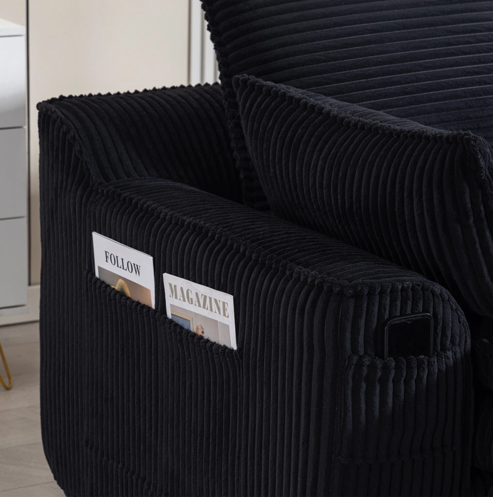 Divano modulare in velluto a coste nero con pouf e tasche laterali