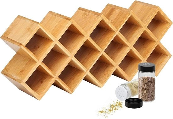 Kruidenrek per bambù, organizzatore per 18 piccoli contenitori, contenitori per erbe da spargere, contenitore per erbe e organizzatore per armadi, cucina, sala da pranzo (contenitori per erbe non inclusi)