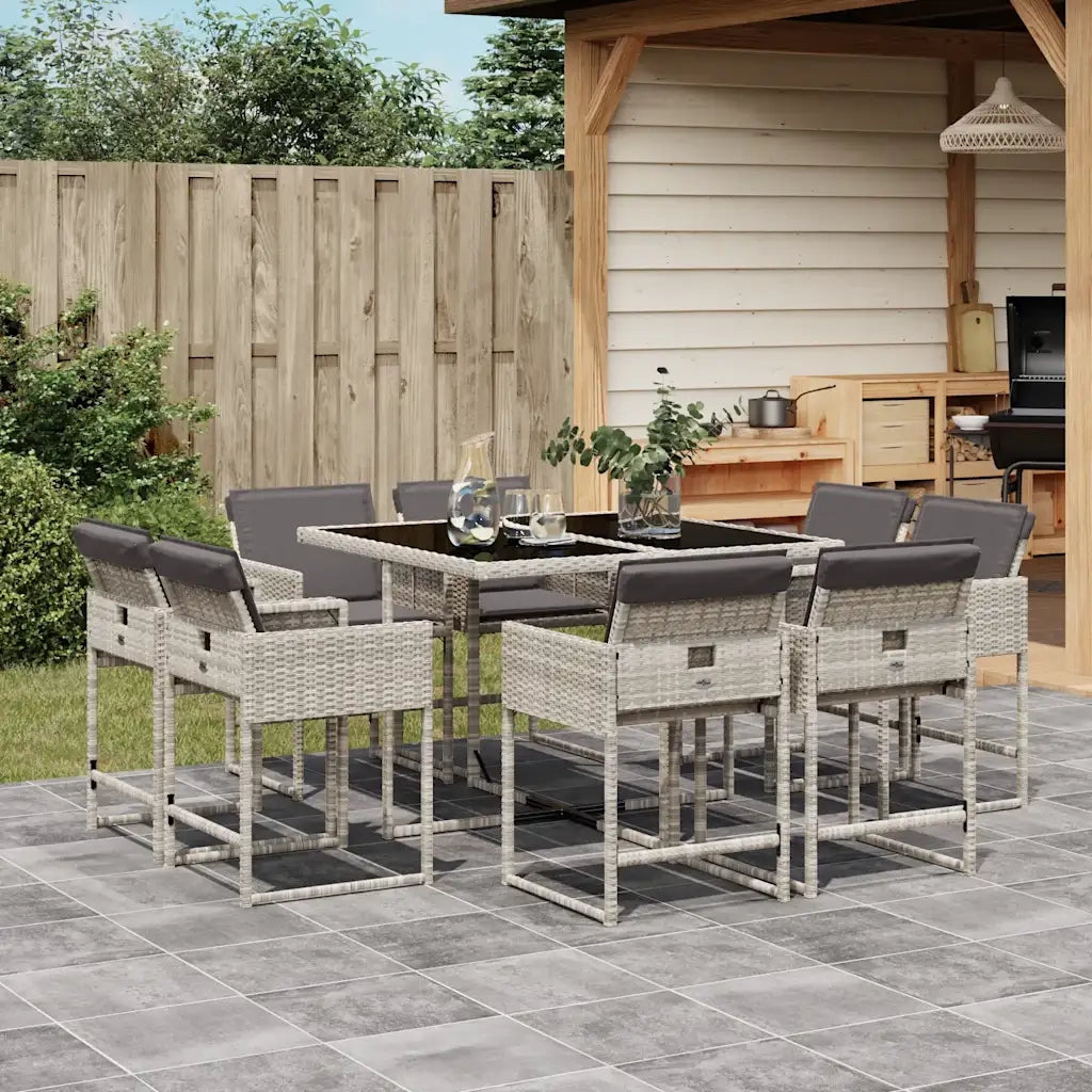 Set Pranzo da Giardino 9pz | Set Salotto da Giardino con Cuscini Grigio Chiaro Polyrattan