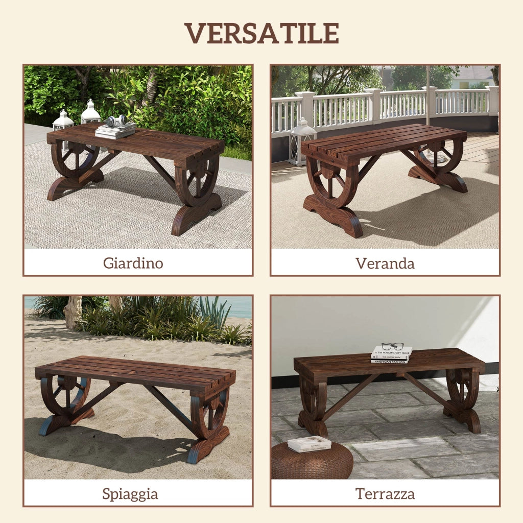 Panchina da Giardino da 2 Posti con Design a Ruota, Panchina da Esterno a Doghe in Legno di Abete, Panca per Terrazza Patio e Cortile, 98x50x39.5 cm, Marrone