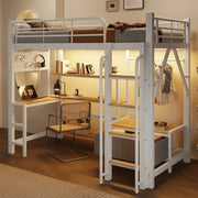 Letto a soppalco 90x200 cm con scrivania; USB; pegboard; cassetti in tessuto; ripiani; appendiabiti e LED; metallo bianco