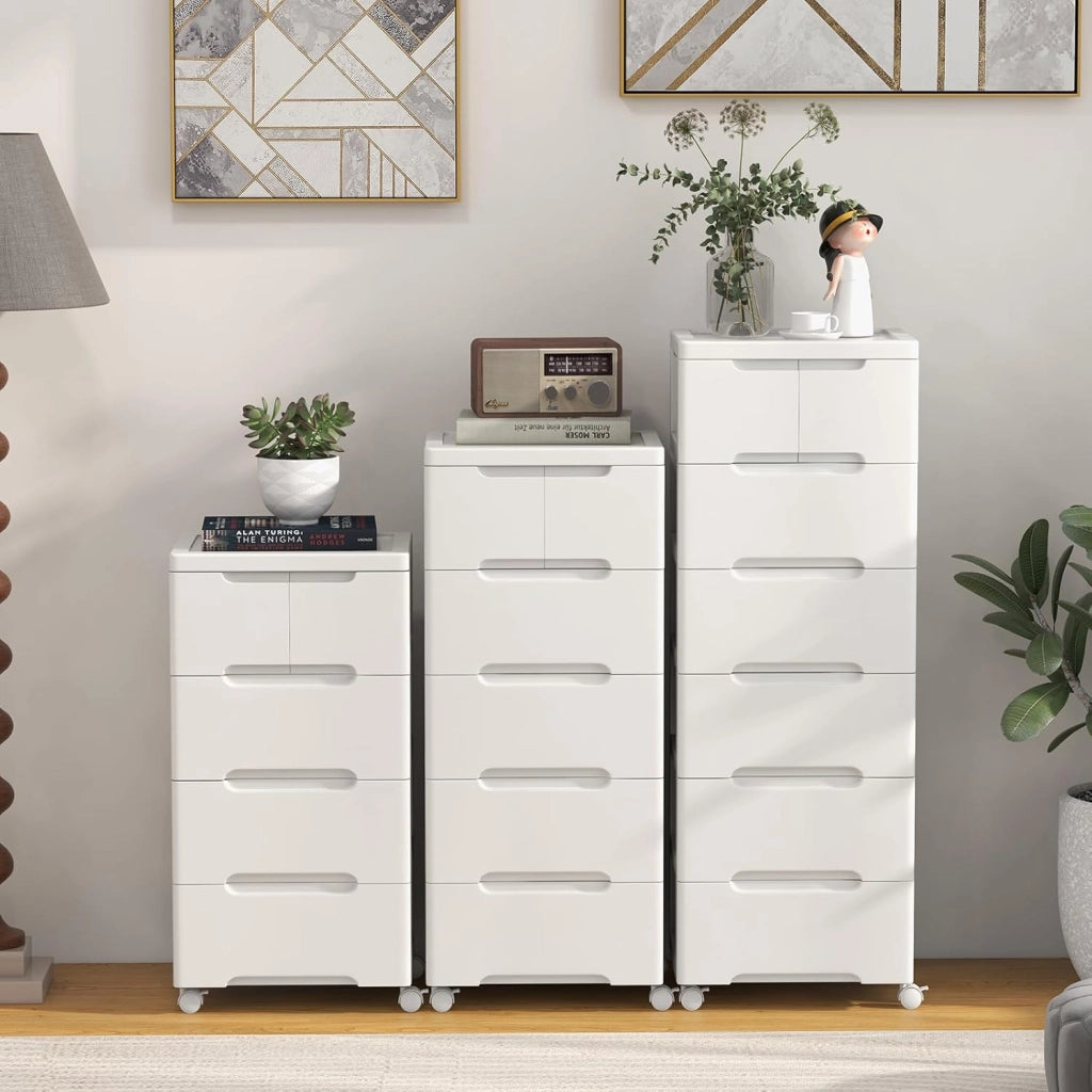 Armadietto per nicchia con ruote, scaffale per nicchia con 7 cassetti, carrello stretto con serratura a rotelle, carrello da bagno con piccolo armadio a cassetti 40 x 32 x 114 cm, bianco