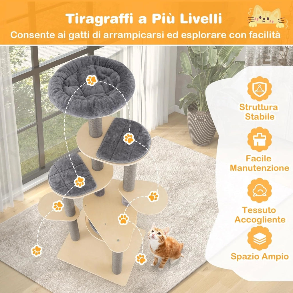 Albero per Gatti Alto 172 cm, Tiragraffi per Gatti con Posatoio Imbottito Superiore, Rifugio Privato per Gatti, Tappetini Staccabili, Pali per Graffi e Base Stabile