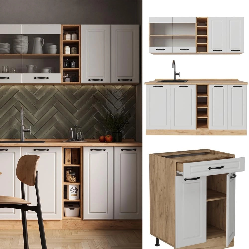 Cucina completa R-Line, Casa di campagna bianca/quercia dorata, 160 cm, PL Rovere, adatto per combinazioni ed espansioni personalizzate
