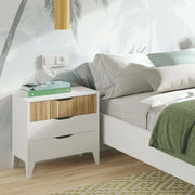 Comodino Jessa, Comò basso, Tavolino da notte, Mensola da letto, 44x33 h50 cm, Bianco e Rovere