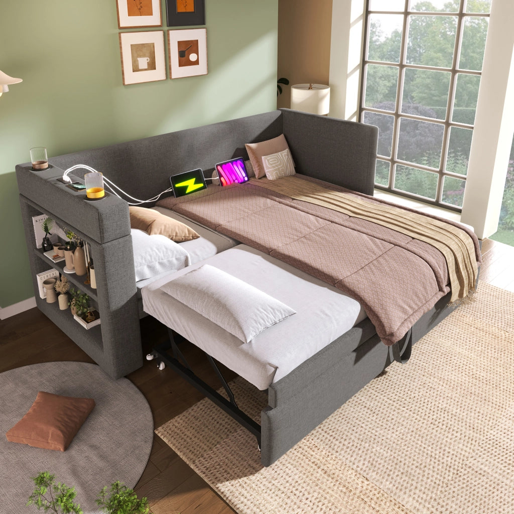 Daybett con letto estraibile cotone lino grigio 90x190 cm