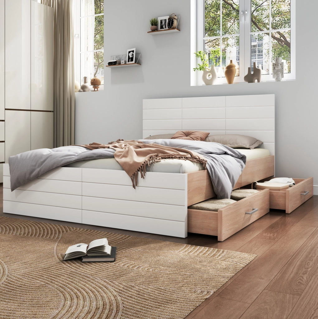 Letto matrimoniale 160x200 cm con 2 cassetti e rete a doghe; legno e MDF bianco e rovere chiaro