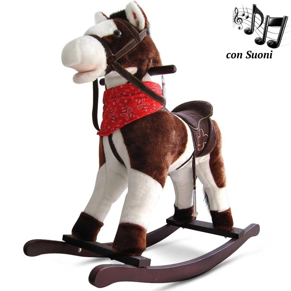 Cavallo a Dondolo in Peluche con Suoni Realistici Base in legno 3+ Giochi Infanzia