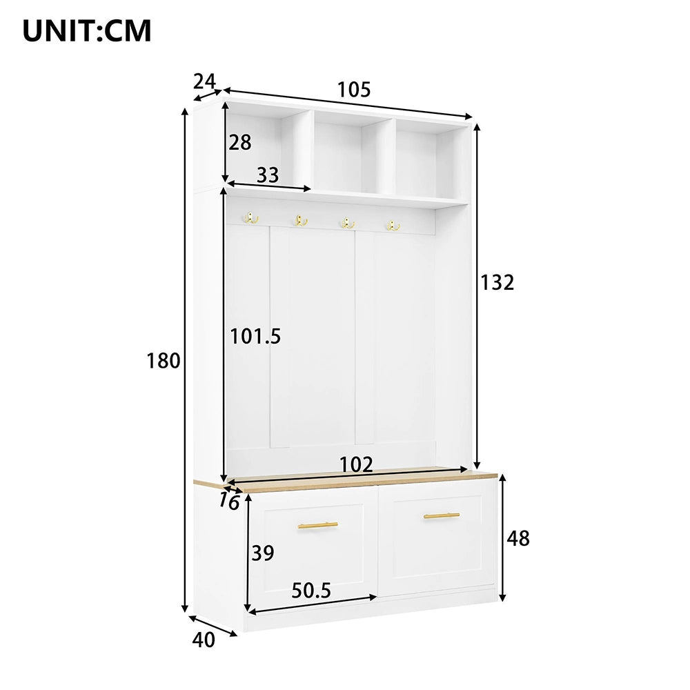 Vestiaire con panchina - Xylo - 105¡Á40¡Á180 cm - Naturale e bianco - 4 ganci e 2 porte