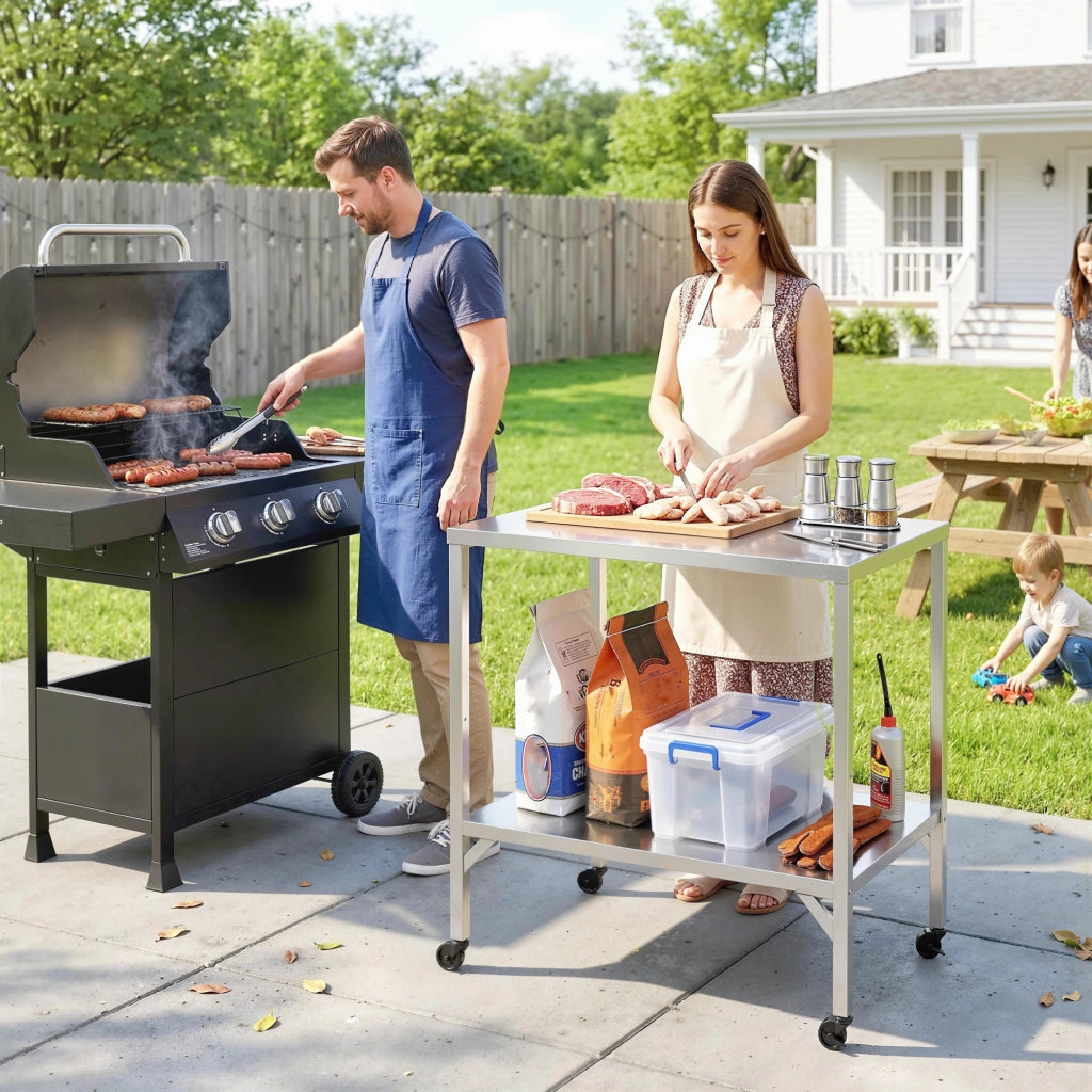 Carrello Barbecue con Piano Lavoro ¨C zephmum ¨C Argento Acciaio Inox 85x60x92cm